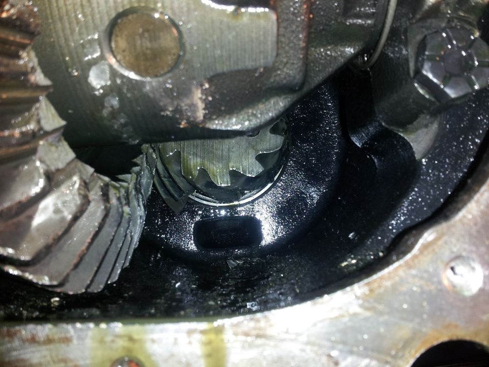 Differential gears with chipped teeth, close-up view