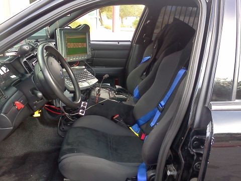2007 Ford Crown Victoria - Interior of a 2007 Ford Crown Victoria police car with specialized equipment installed.