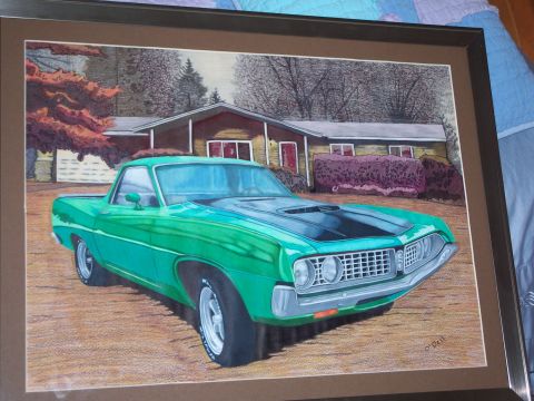 1971 Ford Ranchero - This drawing depicts a green 1970s pickup truck with a black hood scoop, set against a backdrop of a house and trees.