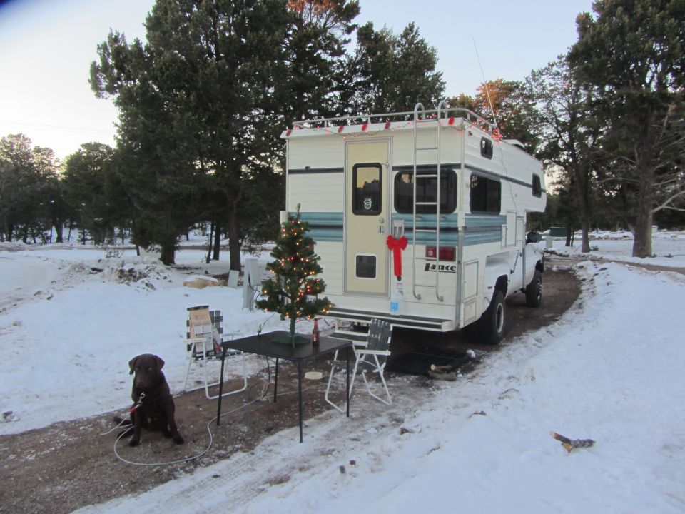 Lance camper on a truck in the snow, with a Christmas tree and a dog