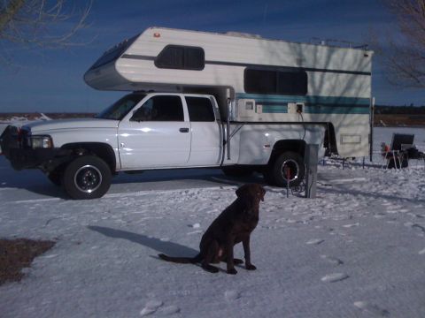 1997 Dodge 3500 - 1997 Dodge 3500 pickup truck with camper shell parked in a snowy landscape with a dog sitting nearby.