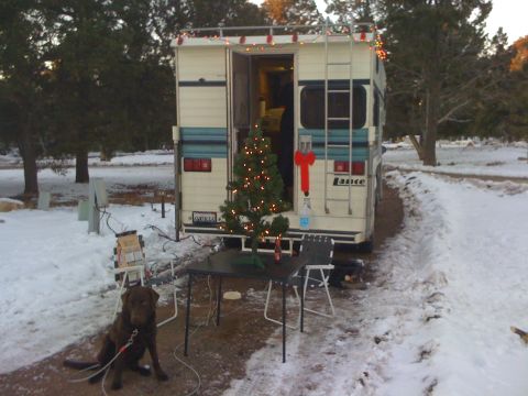 1997 Dodge 3500 - An RV is set up for Christmas with a tree and lights, a dog sits patiently in the snowy surroundings.