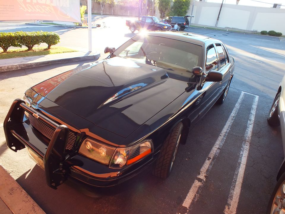 Black Crown Victoria front three-quarter with brush guard parked by hedge