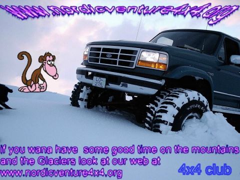 1996 Ford Bronco - A dark green Ford Bronco is stuck in deep snow, with a cartoon monkey nearby.