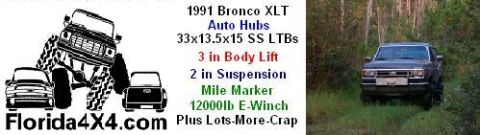 1991 Ford Bronco - This 1991 Ford Bronco is seen from the front, parked off-road in a wooded environment.