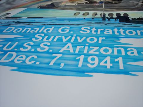 1972 Ford Ranchero - Painted tribute decal reading Donald G. Stratton, Survivor, U.S.S. Arizona, Dec. 7, 1941, a graphic not a technical document.