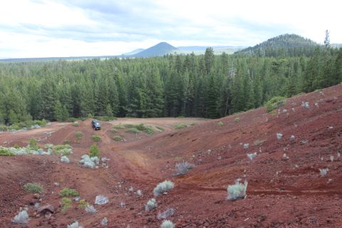 1995 Ford Bronco - An SUV navigates a red dirt path through a landscape of pine trees and distant mountains under a cloudy sky.