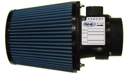1990 Ford Bronco - Pro-M air flow meter and blue cone filter assembly, with label for model, part, calibration, and serial numbers.