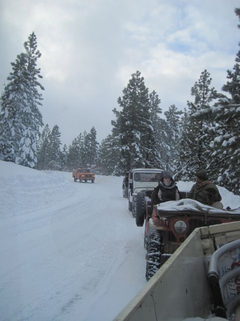 1989 Ford Bronco - A convoy of off-road vehicles navigates a snowy path lined with snow-covered pine trees.