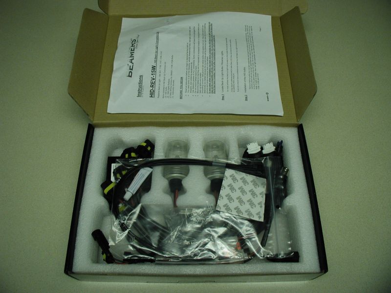 Boxed HID conversion kit with instructions, bulbs, and wiring