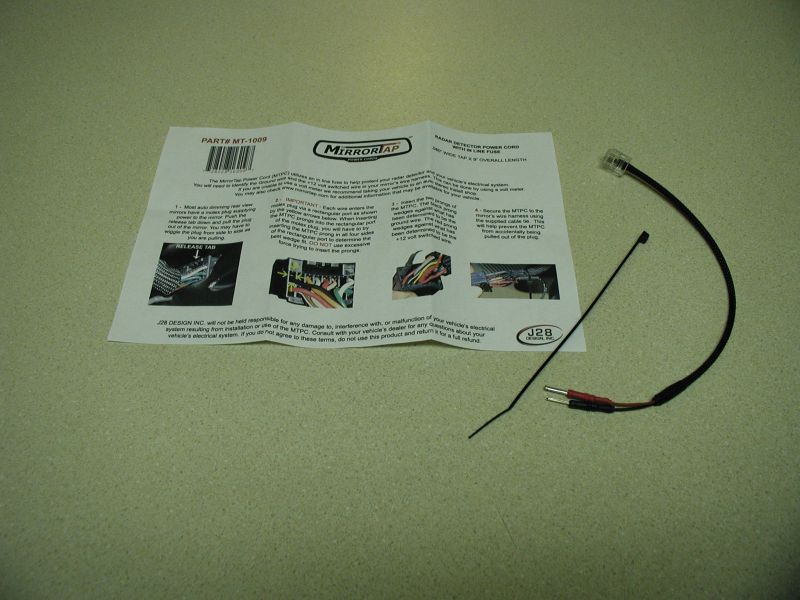 MirrorTap radar detector power cord instruction sheet with cord and zip tie