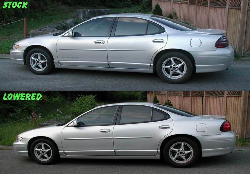 Silver 2002 Pontiac Grand Prix side view comparison of stock vs lowered suspension