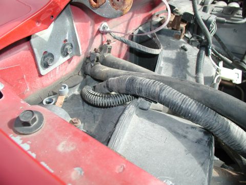 1990 Ford F-250 - Detail of hoses and wiring harness in the engine compartment of a vehicle.