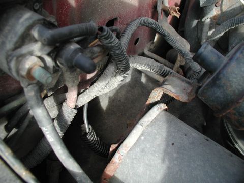 1990 Ford F-250 - Close-up view of engine bay components and wiring, showing signs of wear and rust.