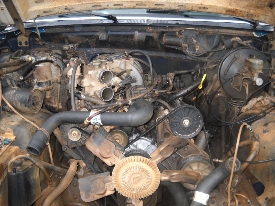 Engine bay with V8 engine components, hoses, belts, and fan visible