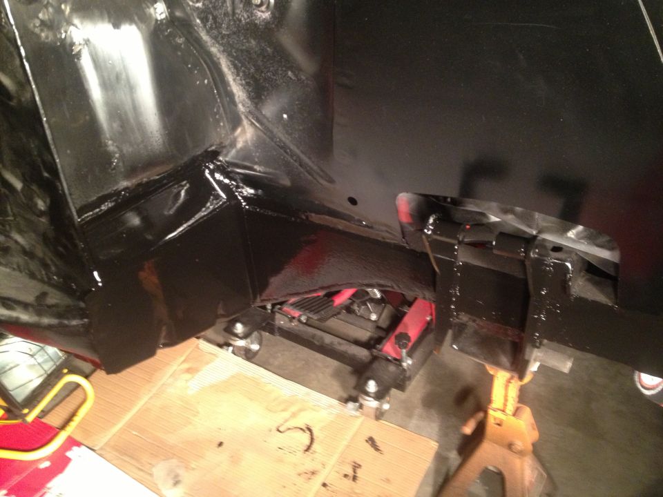 65 Mustang Coupe passenger side front torque box painted with POR15