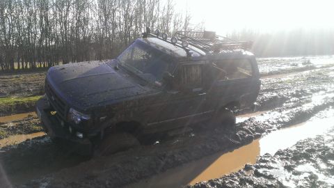 1995 Ford Bronco - A dark SUV is stuck in deep mud on a rural track, with trees in the background.