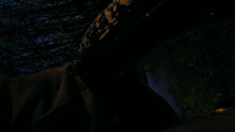 1995 Ford Bronco - The interior of a vehicle is dimly lit at night, with trees visible outside.