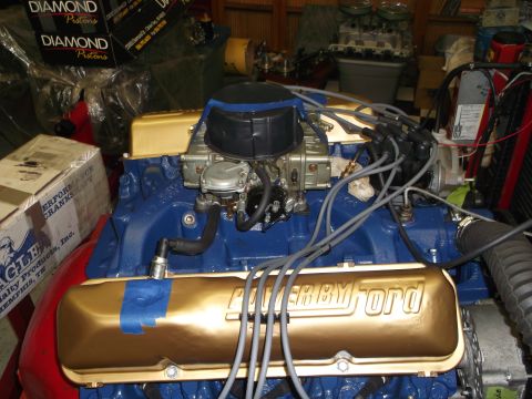 1971 Ford Ranchero - Ford V8 engine with "POWER BY FORD" valve covers and a carburetor.