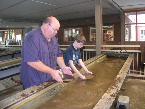 1994 Ford Bronco - Two individuals are engaged in gold panning activities within a water trough, with a watermark indicating 'SUPERMOTORS.NET'.