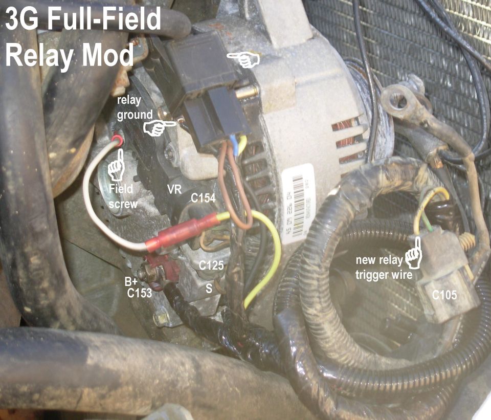 Labeled Ford 3G alternator wiring photo for a full-field relay modification