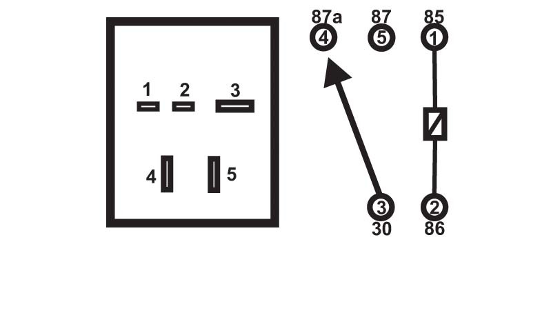 Five-pin relay socket layout and internal coil/contact schematic