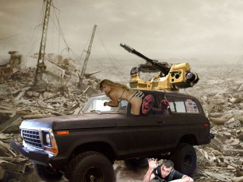1978 Ford Bronco - A heavily modified SUV with a weapon system and zombie occupants navigates a desolate, debris-filled landscape.