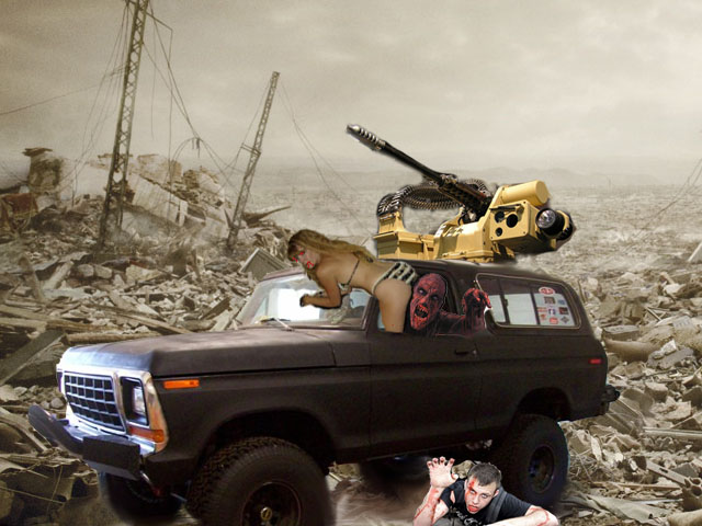 Black SUV with a mounted gun on top, a woman leaning out the window, and zombies in the background. Scene looks like a disaster zone