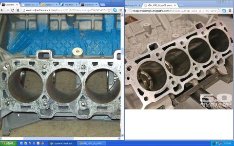 2013 Ford Mustang - Close-up views of a Ford Coyote engine block, showing the cylinder bores.