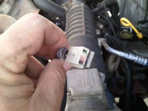 1994 Ford Bronco - A hand holds a disconnected wiring harness connector, with various engine components visible behind it.