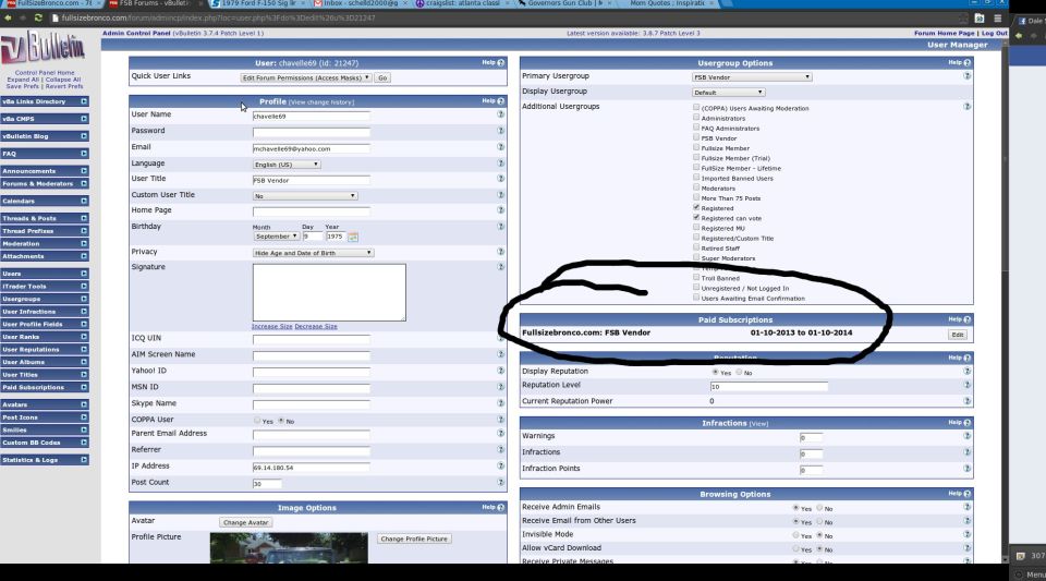 Browser screenshot of a forum admin user control panel