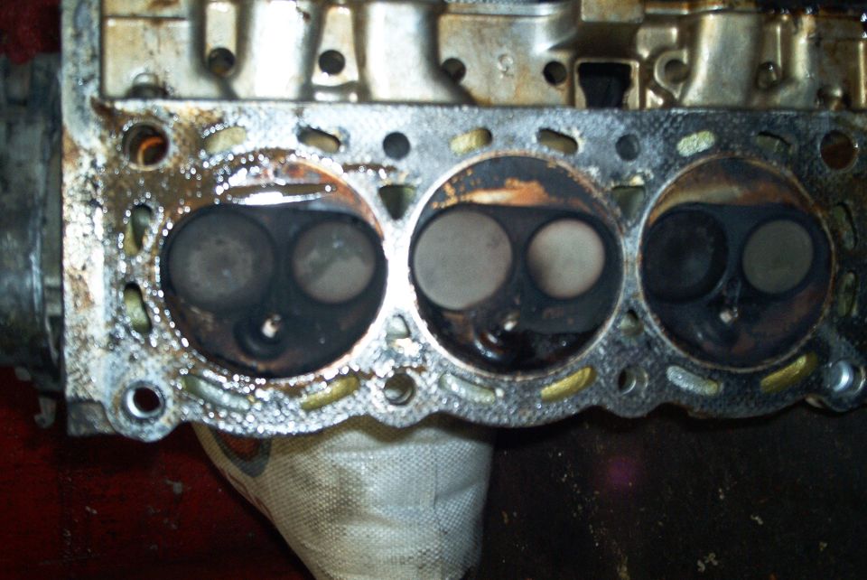 Removed cylinder head face-up showing three two-valve combustion chambers