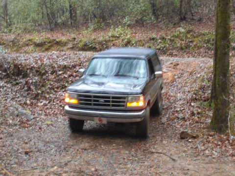 1986 Ford Bronco - A dark-colored SUV navigates a wooded dirt path, showing its front grille and headlights.