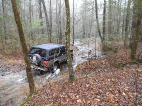 1986 Ford Bronco - Ford Bronco navigates a water obstacle in a forest during an off-road excursion.