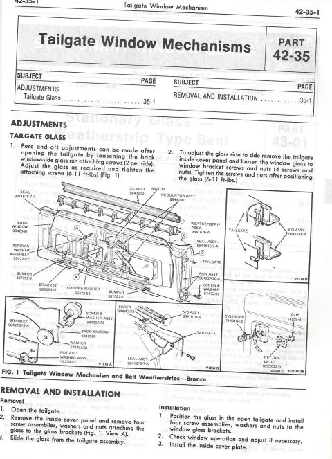 1979 Ford Bronco - This diagram details the tailgate window mechanism and belt weatherstrips for a Bronco, illustrating its removal and installation process.