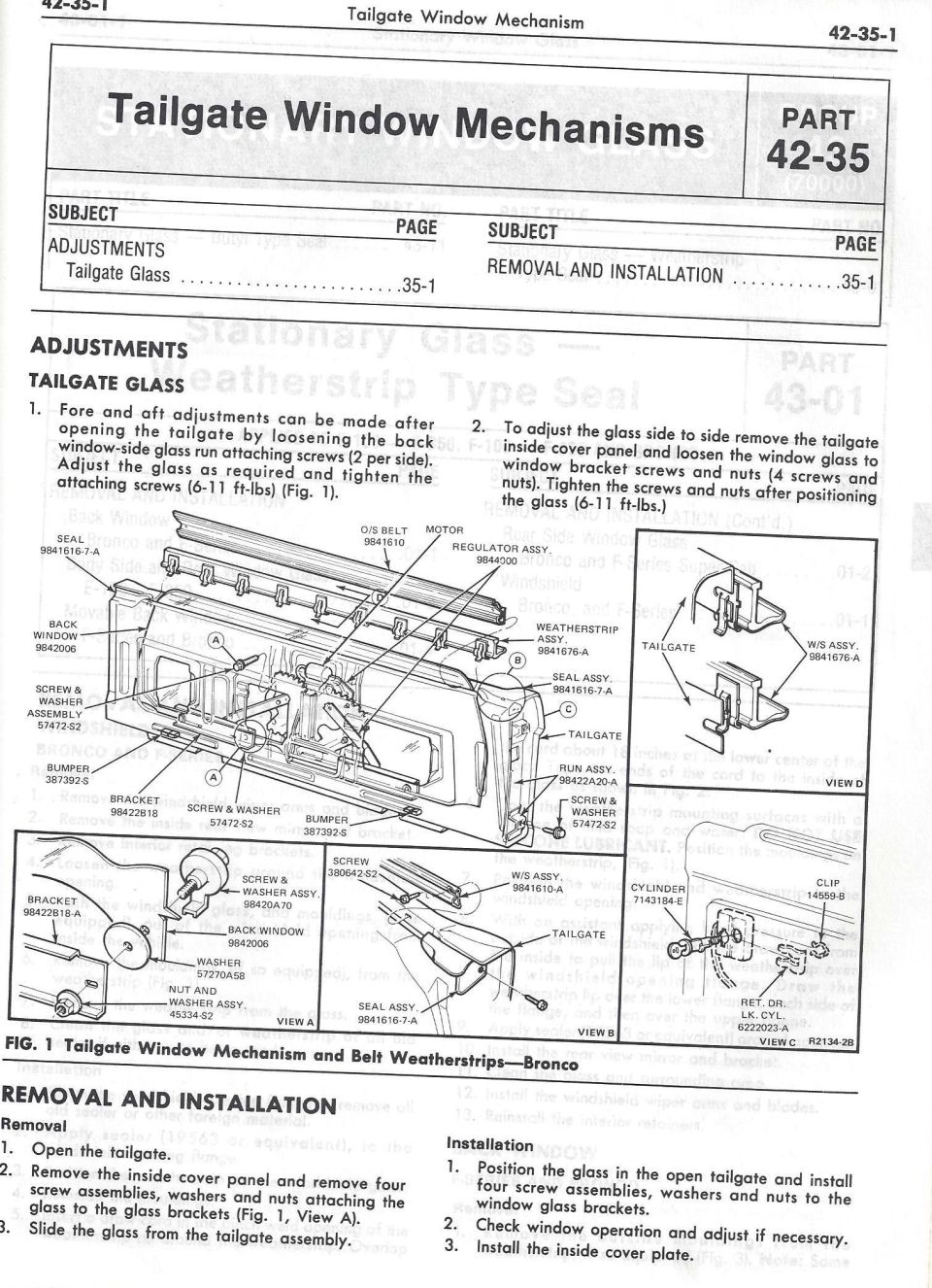 Tailgate window mechanism service page with adjustment/removal steps and exploded figure