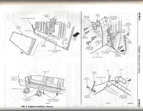 1979 Ford Bronco - Diagram illustrating the tailgate installation process for a Bronco, detailing various components and their assembly.