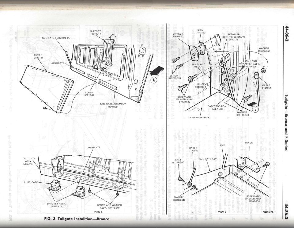Exploded parts diagram of Bronco/F-Series tailgate installation with part numbers