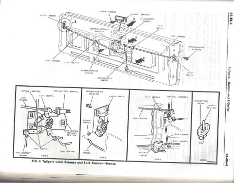 1979 Ford Bronco - Diagram illustrating the tailgate latch release and lock control mechanism for the 1979 Ford Bronco.