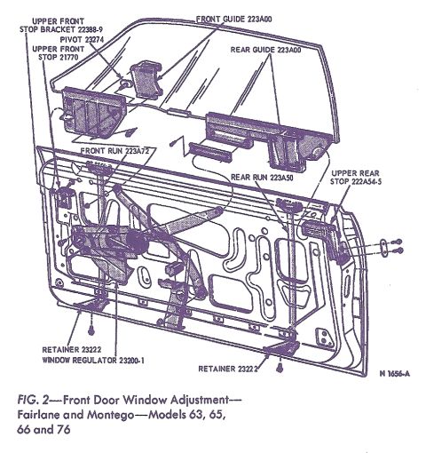 1968 Ford Ranchero - This diagram illustrates the front door window adjustment system for Fairlane and Montego models from 1963, 1965, 1966, and 1976.