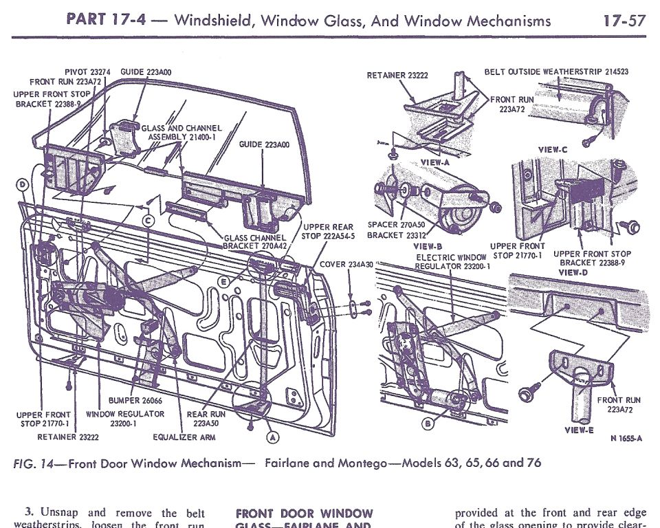 1. Insert the glass and channel assembly into the door.

2. Lubricate the window mechanism as shown in Section 2.

3. Position the window regulator arm to the glass channel and install the pivot and retaining nut (Figure 14). 

4. Position the glass channel bracket to the regulator arm roller and the glass channel. Install the two glass channel bracket attaching screws.

5. Position the front and rear guides to the glass channel and install the attaching screws (Figure 14).

6. Insall the upper rear stop (Figure 14).

7. Adjust the window mechanism as outlined in Section 2.

8. Install the watershield and trim panel on the door.