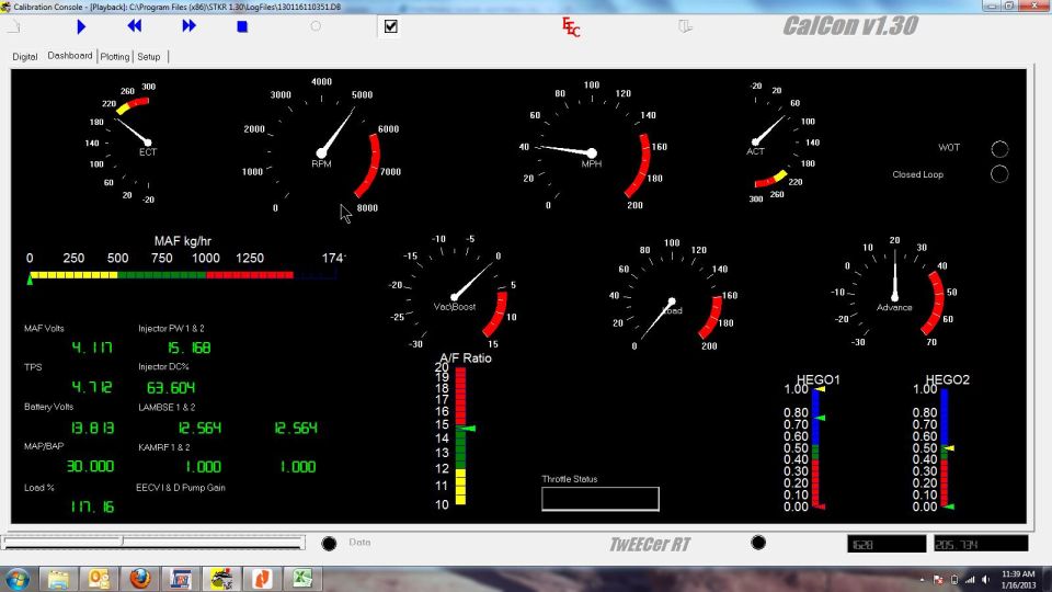 Dashboard gauges showing ECT, RPM, MPH, ALT, MAF, VecBoost, A/F Ratio, Advance, HEGO1, and HEGO2