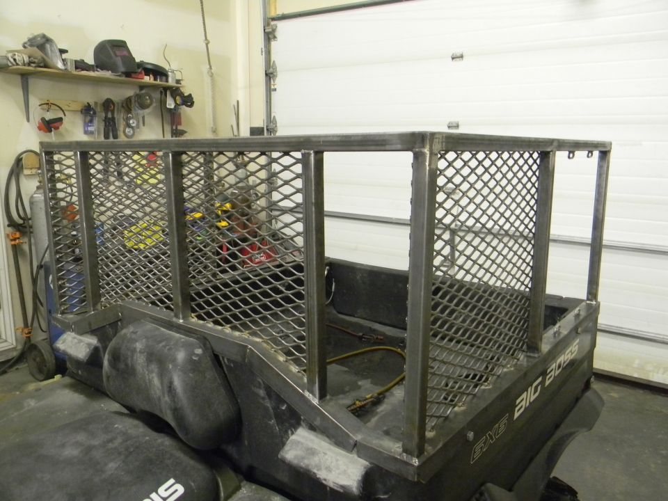 Utility vehicle with a custom metal cage, rear view. The vehicle has black plastic body panels and a metal grate cage