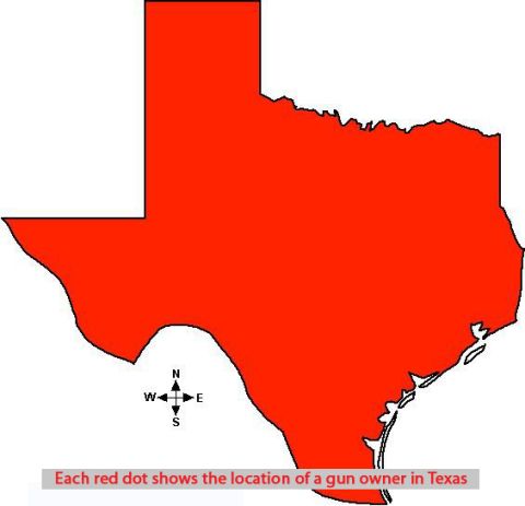2010 Dodge Challenger - A map of Texas is shown in red, with a compass rose and text indicating that red dots represent gun locations.