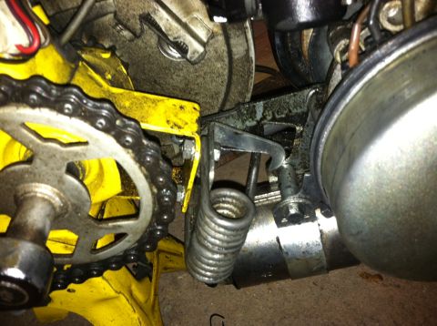 1981 Garelli Rally Sport - Detail of a moped's drive chain, sprocket, and engine components.