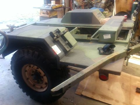 1985 Chevrolet Blazer - A camouflage military trailer is shown in a workshop setting, a large tire and various storage compartments.