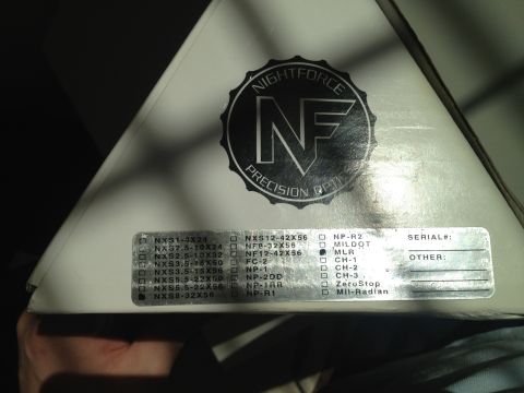 2013 Ford Mustang - Box for Nightforce Precision Optics shows product options and serial number field.