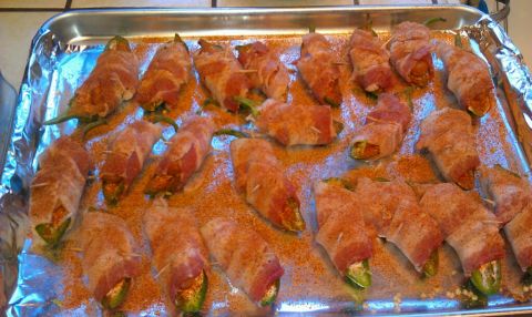 1989 Ford Bronco - Jalapenos stuffed with cheese and wrapped in bacon, seasoned with chili powder, ready for the oven.