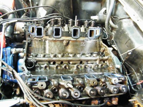1968 Mercury Cougar - Close-up view of an engine block's internal components, including valves and springs.