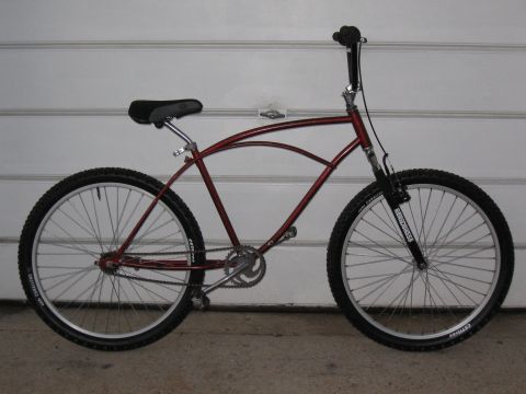 1994 Ford Bronco - A custom cruiser bicycle with a unique frame design is shown in a side profile against a garage door.